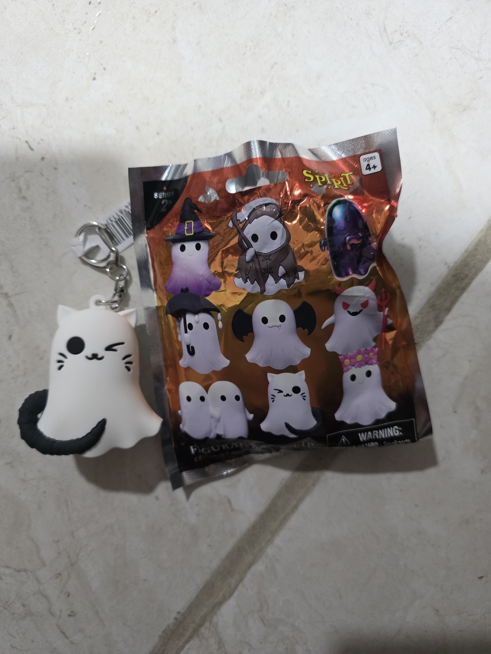 Spirit White Cat Ghost Keychain with Black Tail Accent